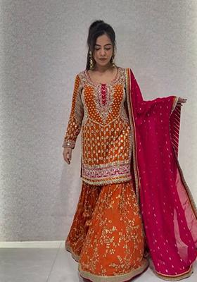 Orange Embroidered Georgette Sharara Set