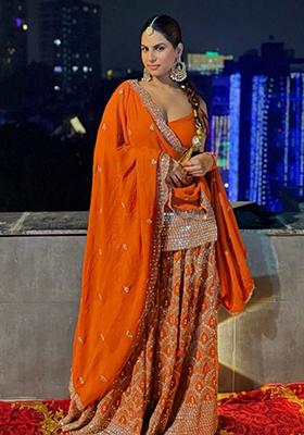 Orange Embroidered Georgette Palazzo Set