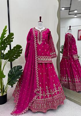 Rani Pink Embroidered Georgette Lehenga Set