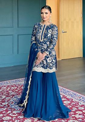 Deep Blue Embroidered Georgette Sharara Set