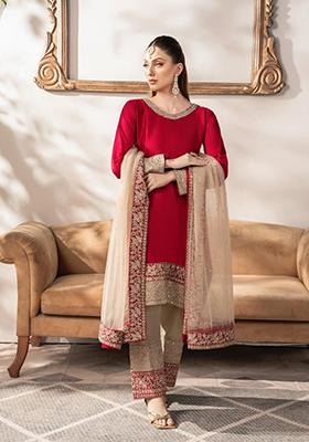 Red Embroidered Satin Silk Salwar Kameez