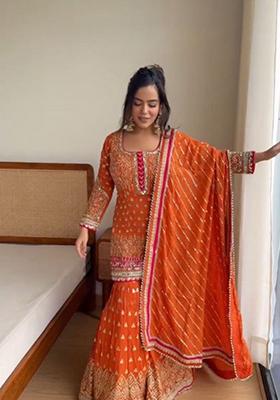 Orange Embroidered Georgette Sharara Set