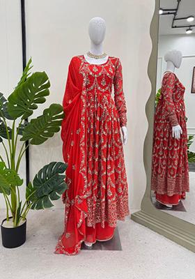 Red Embroidered Georgette Salwar Kameez