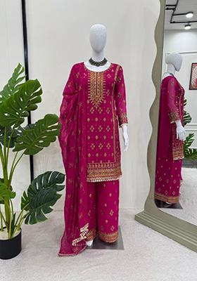 Dark Hot Pink Embroidered Georgette Palazzo Set