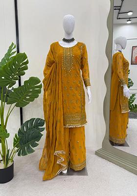 Yellow Embroidered Georgette Palazzo Set