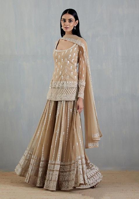Kalki Pearl White Embroidered Palazzo And Kurti Set In Georgette For Girls