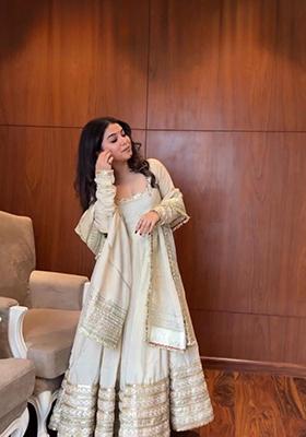 Off White Embroidered Chinon Silk Salwar Kameez