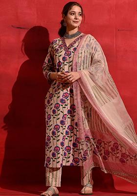 Peach Floral Print Silk Salwar Kameez