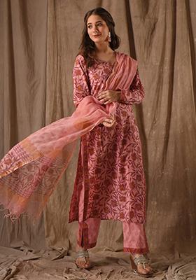 Rose Pink Floral Print Silk Salwar Kameez