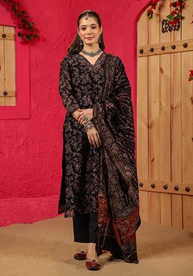 Black Floral Print Silk Salwar Kameez