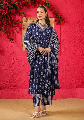 Navy Blue Floral Print Silk Salwar Kameez