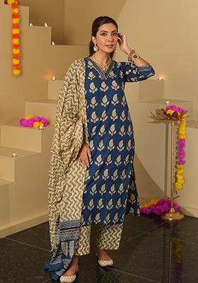 Navy Blue Floral Print Silk Salwar Kameez