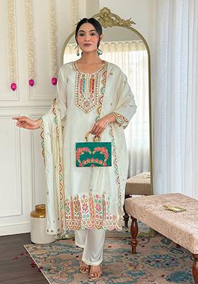 Off White Embroidered Chanderi Salwar Kameez