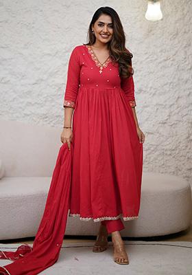 Red Embroidered Georgette Anarkali Set
