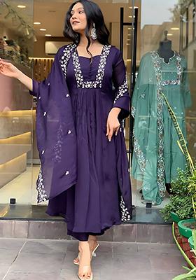 Dark Purple Embroidered Georgette Anarkali Set