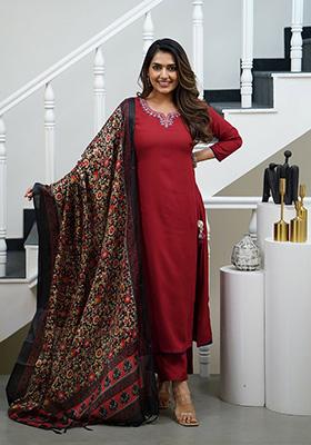 Maroon Embroidered Viscose  Salwar Kameez