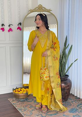 Mustard Yellow Embroidered Rayon Salwar Kameez