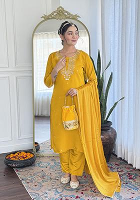 Mustard Yellow Embroidered Chanderi Salwar Kameez