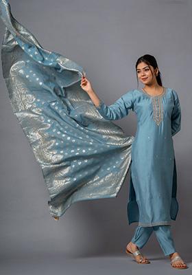 Blue And Grey Embroidered Chanderi Salwar Kameez
