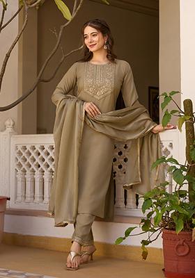 Beige Embroidered Rayon Salwar Kameez