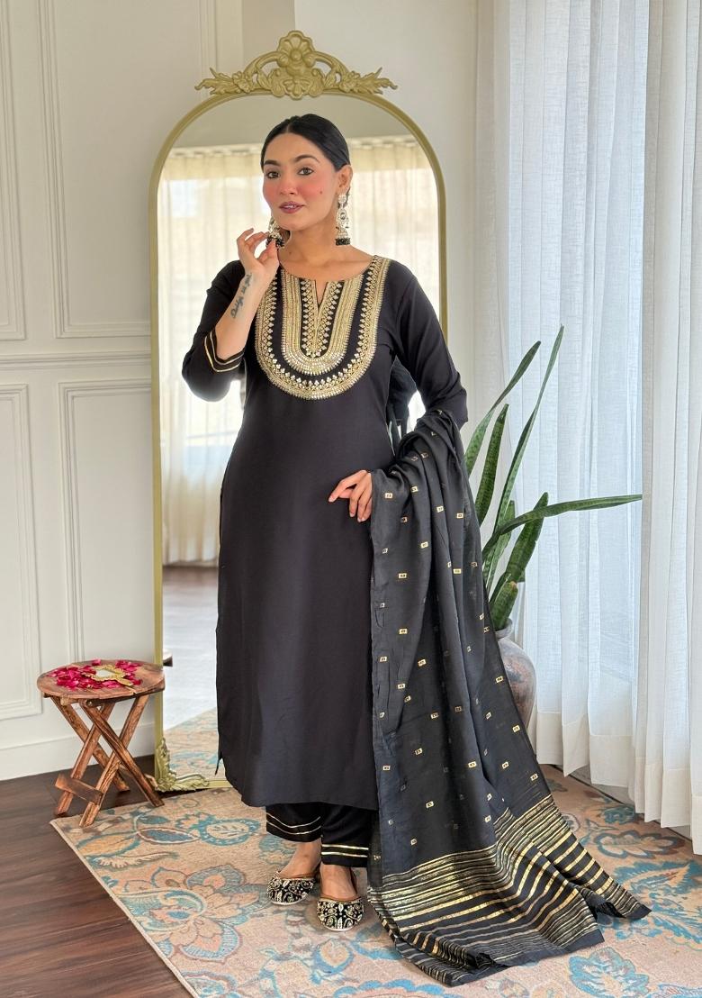 Black Embroidered Cotton Salwar Kameez