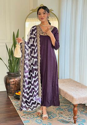 Wine Embroidered Viscose  Salwar Kameez