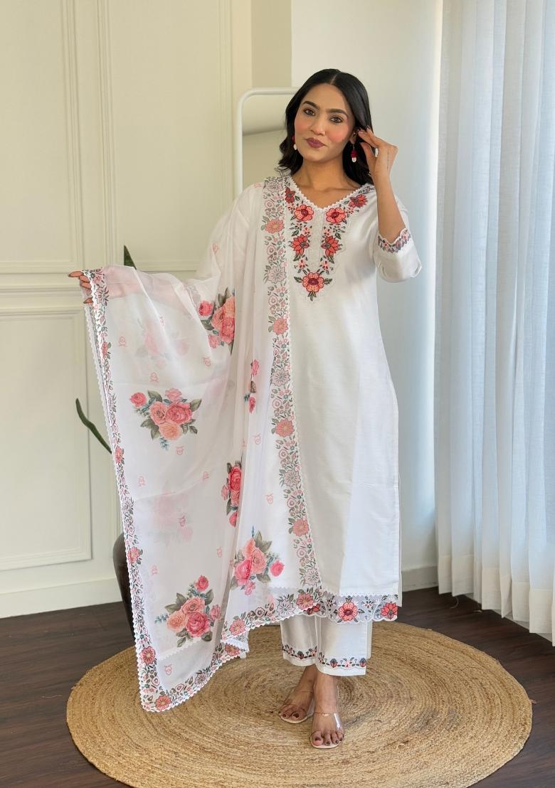 White Embroidered Viscose Salwar Kameez