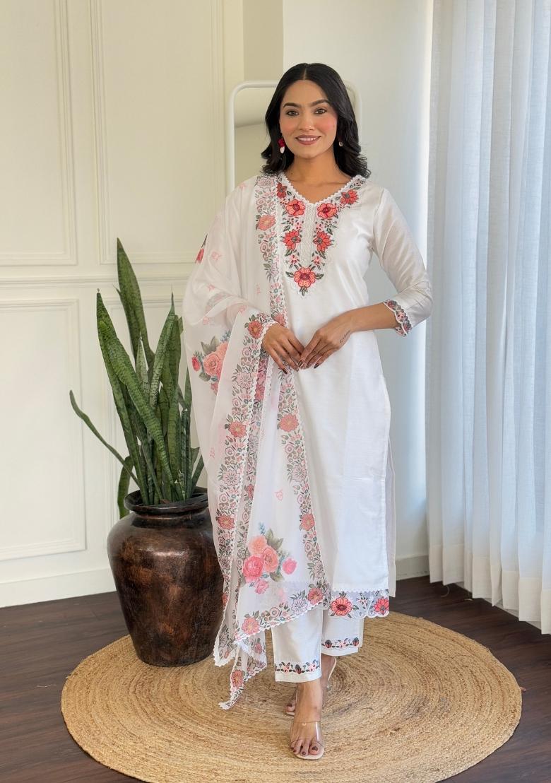 White Embroidered Viscose Salwar Kameez