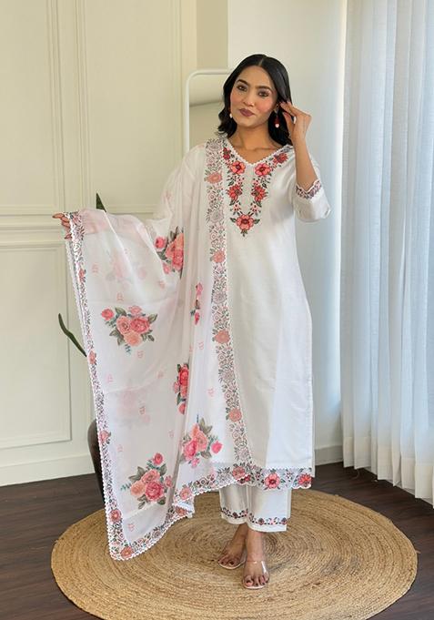 White Embroidered Viscose  Salwar Kameez