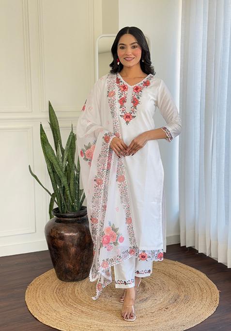 White Embroidered Viscose Salwar Kameez
