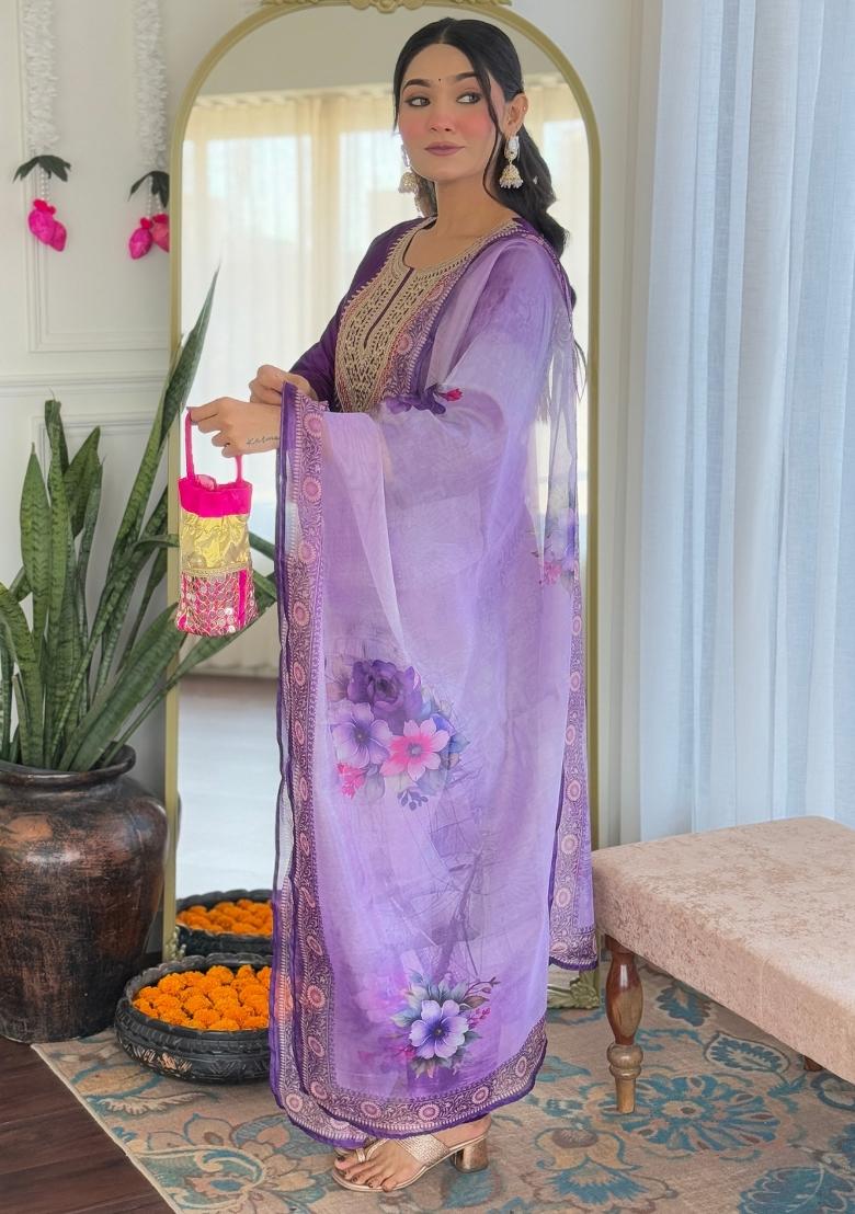Purple Embroidered Rayon Salwar Kameez