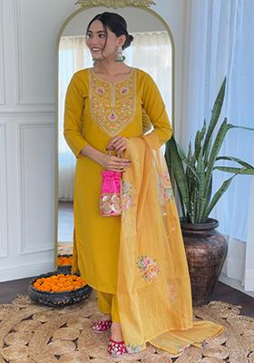 Mustard Yellow Embroidered Rayon Salwar Kameez