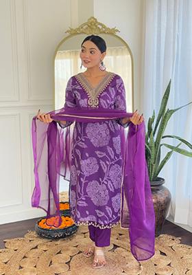 Purple Embroidered Rayon Salwar Kameez