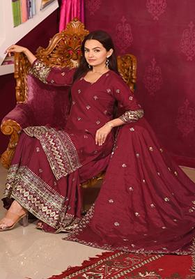 Red Embroidered Chinon Salwar Kameez