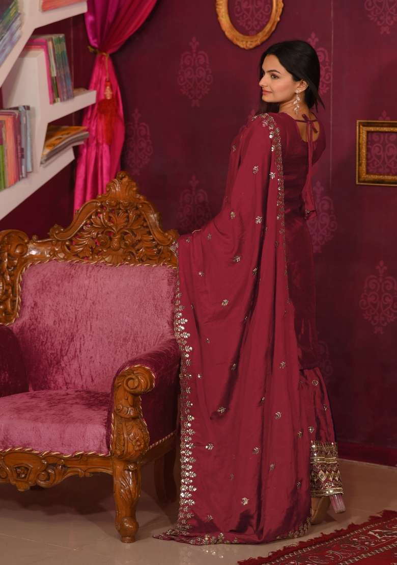 Red Embroidered Chinon Sharara Set - Indya