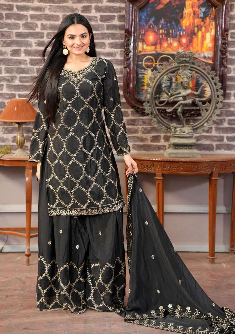 Black Embroidered Chinon Sharara Set - Indya