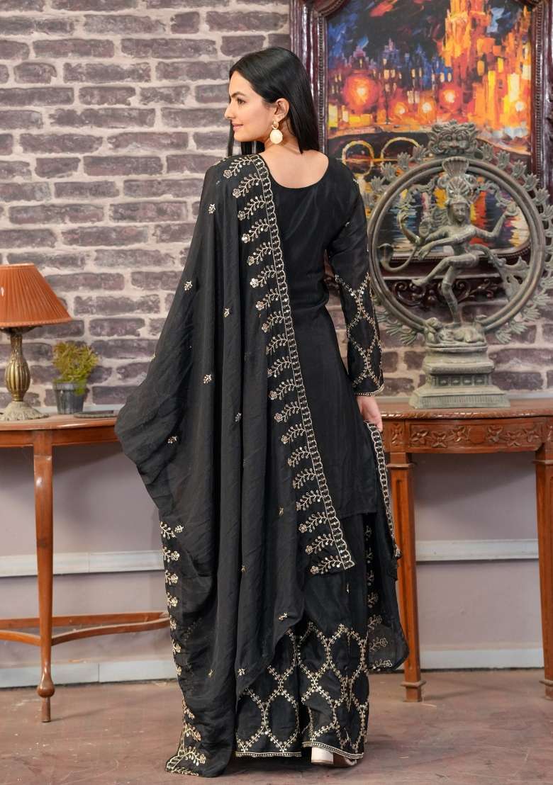 Black Embroidered Chinon Sharara Set - Indya