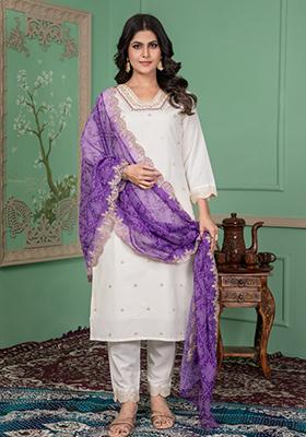 White Floral Print Silk Salwar Kameez