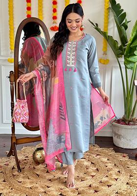 Grey Embroidered Chanderi Salwar Kameez