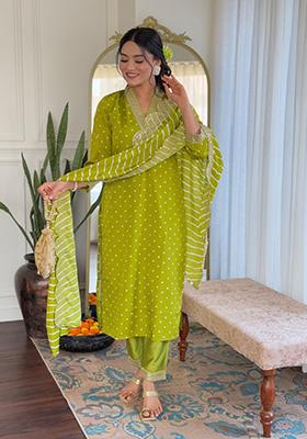 Lime Green Embroidered Viscose  Salwar Kameez