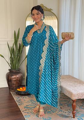 Petrol Blue Embroidered Viscose  Salwar Kameez