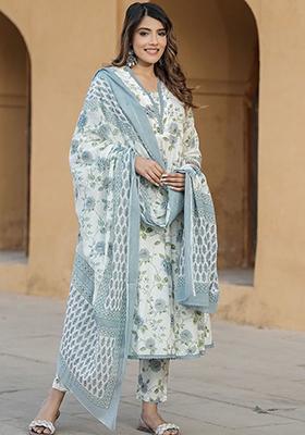 Rama Green Embroidered Cotton Salwar Kameez