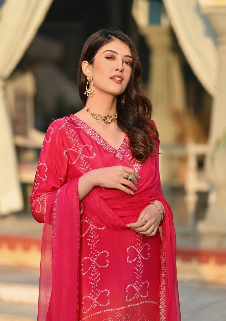 Peach Embroidered Chinon Salwar Kameez