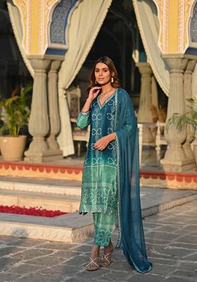 Rama Green Embroidered Chinon Salwar Kameez
