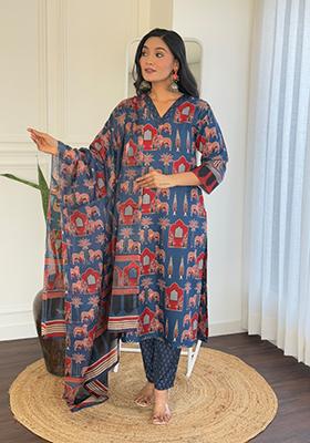 Blue Embroidered Chanderi Salwar Kameez