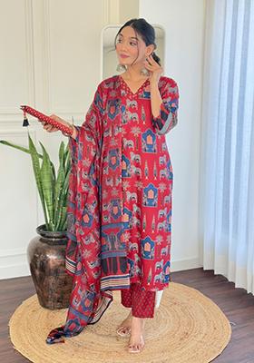 Red Embroidered Chanderi Salwar Kameez