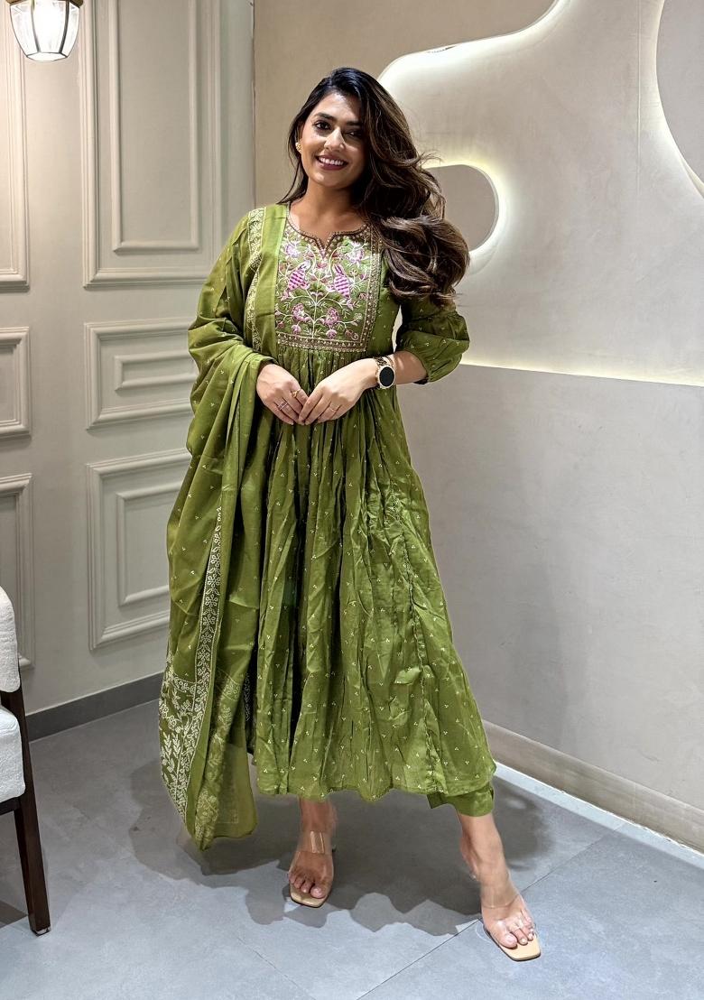 Green Embroidered Cotton Salwar Kameez
