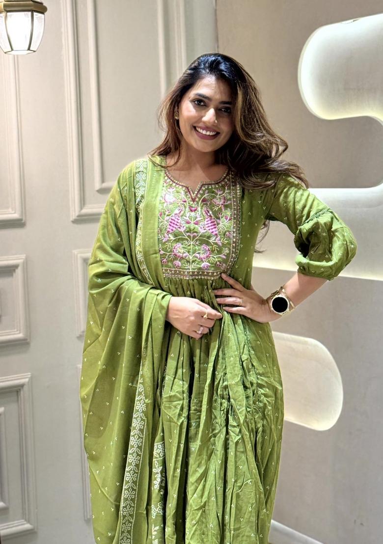 Green Embroidered Cotton Salwar Kameez