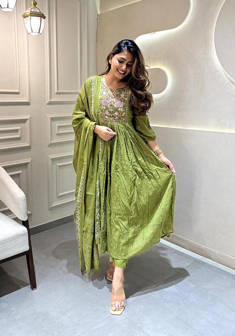 Green Embroidered Cotton Salwar Kameez