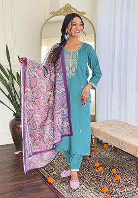 Blue Embroidered Chanderi Salwar Kameez